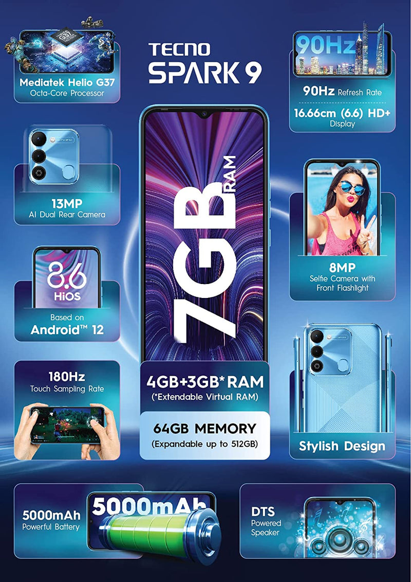 TECNO SPARK 9 (SKY MIRROR, 4GB RAM,64GB STORAGE) 7GB EXPANDABLE RAM HELIO G37 GAMING PROCESSOR