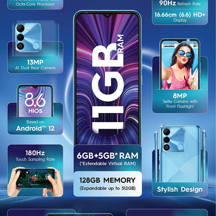 TECNO SPARK 9 (SKY MIRROR, 6GB RAM,128GB STORAGE) 11GB EXPANDABLE RAM HELIO G37 GAMING PROCESSOR