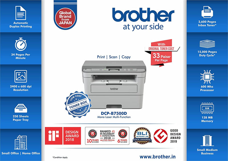 BROTHER DCP-B7500D MULTI-FUNCTION MONOCHROME LASER PRINTER WITH AUTO DUPLEX PRINTING (TONER BOX TECHNOLOGY) (GREY)[Like New]