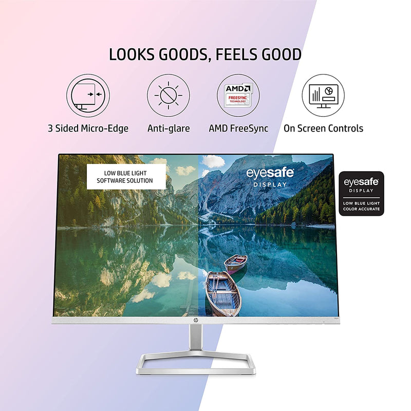 HP M22F 21.5-INCHES, 54.6 CM, FHD MONITOR EYE SAFE CERTIFIED FULL HD IPS 3-SIDED MICRO-EDGE MONITOR, 75HZ, AMD FREE SYNC WITH 1XVGA, 1XHDMI 1.4 PORTS, 300 NITS (SILVER, 1920 X 1080 PIXELS)