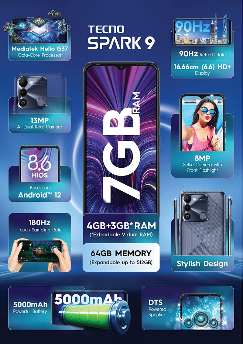 TECNO SPARK 9 (INFINITY BLACK, 4GB RAM,64GB STORAGE) 7GB EXPANDABLE RAM HELIO G37 GAMING PROCESSOR