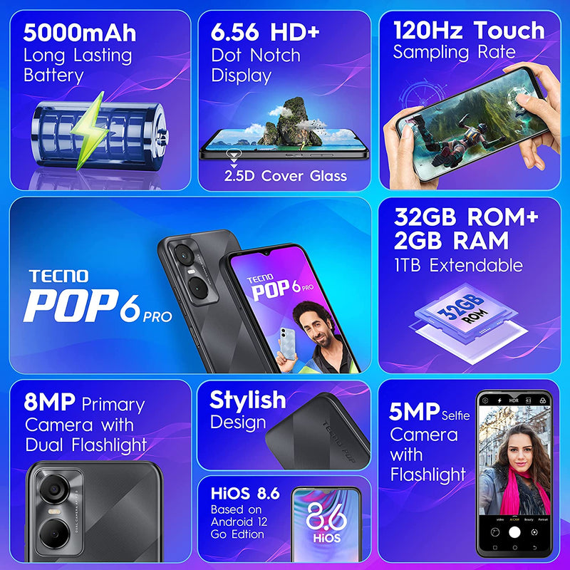 TECNO POP 6 PRO (POLAR BLACK, 2GB RAM, 32GB STORAGE)  FRONT FLASH 8MP DUAL CAMERA