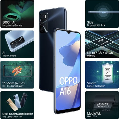 OPPO A16 (CRYSTAL BLACK, 64 GB)  (4 GB RAM)