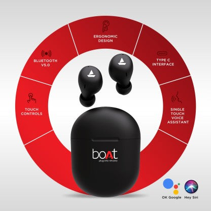 BOAT AIRDOPES 381 WITH UPTO 20 HOURS PLAYBACK AND ASAP CHARGE BLUETOOTH HEADSET  (BLACK INDI, TRUE WIRELESS)