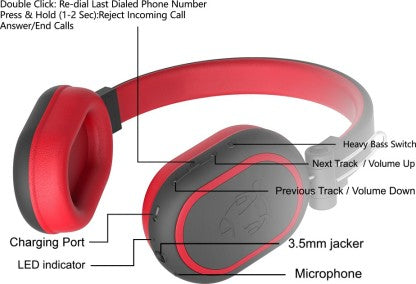 ANT AUDIO TREBLE 1200 HD PREMIUM BLUETOOTH HEADSET  (BLACK RED, ON THE EAR)