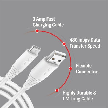LAVA USB TYPE C CABLE 3 A 1 M D3 SPEED  (COMPATIBLE WITH MOBILE, WHITE, ONE CABLE)