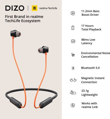 DIZO BY REALME TECHLIFE WIRELESS BLUETOOTH HEADSET  (ORANGE, IN THE EAR)
