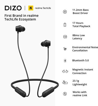 DIZO BY REALME TECHLIFE WIRELESS BLUETOOTH HEADSET  (BLACK, IN THE EAR)