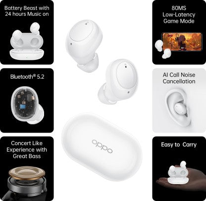 OPPO ENCO BUDS WITH 24 HOURS BATTERY LIFE BLUETOOTH HEADSET  (WHITE, TRUE WIRELESS)