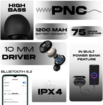 HOPPUP GRAND WITH POWER BANK FUNCTION &AMP; UPTO 75 HOURS PLAYTIME BLUETOOTH HEADSET  (BLACK, TRUE WIRELESS)