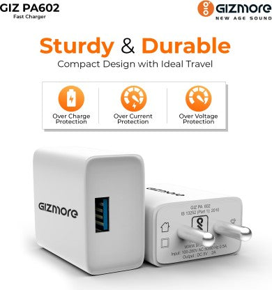 GIZMORE QUICK CHARGE 2.4 A MOBILE GIZ PA602 PRO CHARGER WITH DETACHABLE CABLE  (WHITE, CABLE INCLUDED)