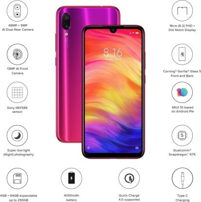 Redmi Note 7 Pro (Red, 64 GB)  (4 GB RAM)