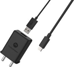 MOTOROLA 15 W QUALCOMM 3.0 3 A MOBILE QUALCOMM 3.0 TURBOPOWER WALL CHARGER WITH USB-C DATA CABLE CHARGER 15 W 3 A CHARGER WITH DETACHABLE CABLE  (BLACK, CABLE INCLUDED)