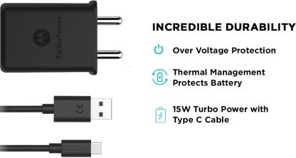 MOTOROLA 15 W QUALCOMM 3.0 3 A MOBILE QUALCOMM 3.0 TURBOPOWER WALL CHARGER WITH USB-C DATA CABLE CHARGER 15 W 3 A CHARGER WITH DETACHABLE CABLE  (BLACK, CABLE INCLUDED)