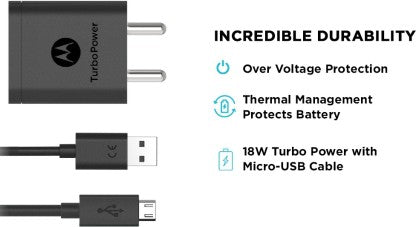 MOTOROLA 18 W QUICK CHARGE 3 A MOBILE SJSC54 QUALCOMM 3.0 TURBO POWER 18W WITH MICRO USB DATA CABLE CHARGER WITH DETACHABLE CABLE  (BLACK)