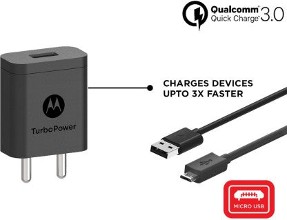 MOTOROLA 18 W QUICK CHARGE 3 A MOBILE SJSC54 QUALCOMM 3.0 TURBO POWER 18W WITH MICRO USB DATA CABLE CHARGER WITH DETACHABLE CABLE  (BLACK)