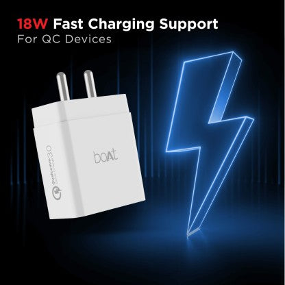 BOAT 36 W QUICK CHARGE 3 A MULTIPORT MOBILE WCD 36W DUAL QC(WITH TYPE-C) CHARGER WITH DETACHABLE CABLE  (WHITE, CABLE INCLUDED)