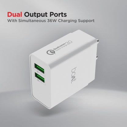 BOAT 36 W QUICK CHARGE 3 A MULTIPORT MOBILE WCD 36W DUAL QC(WITH TYPE-C) CHARGER WITH DETACHABLE CABLE  (WHITE, CABLE INCLUDED)