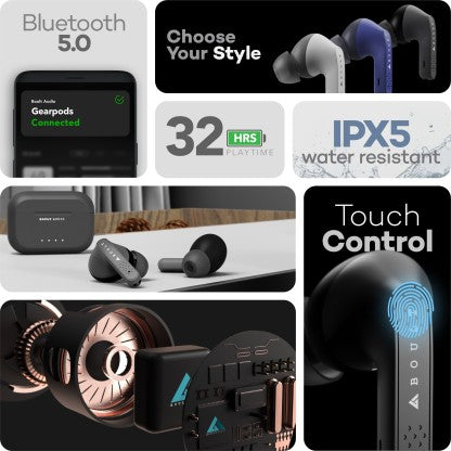 BOULT AUDIO AIRBASS GEARPODS WITH 32H PLAYTIME BLUETOOTH HEADSET  (BLACK, TRUE WIRELESS)