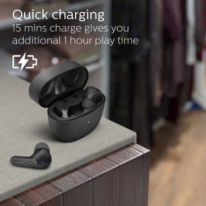 PHILIPS TAT2206BK TRUE WIRELESS (TWS EARBUDS) WITH IPX4 SPLASH-PROOF, 18HOURS PLAYTIME BLUETOOTH HEADSET  (BLACK, TRUE WIRELESS)
