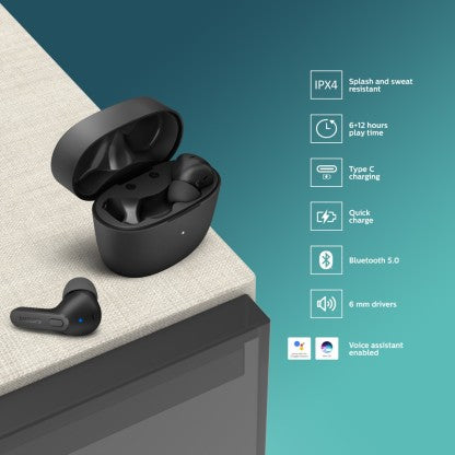 PHILIPS TAT2206BK TRUE WIRELESS (TWS EARBUDS) WITH IPX4 SPLASH-PROOF, 18HOURS PLAYTIME BLUETOOTH HEADSET  (BLACK, TRUE WIRELESS)