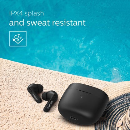 PHILIPS TAT2206BK TRUE WIRELESS (TWS EARBUDS) WITH IPX4 SPLASH-PROOF, 18HOURS PLAYTIME BLUETOOTH HEADSET  (BLACK, TRUE WIRELESS)