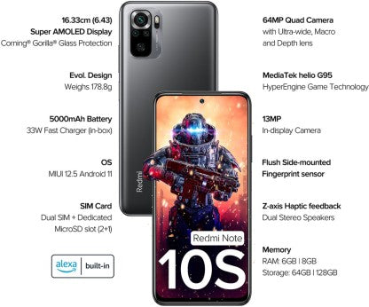 REDMI NOTE 10S (SHADOW BLACK, 64 GB)  (6 GB RAM) [Like New]