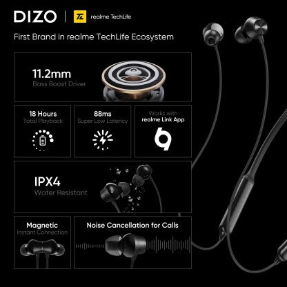 DIZO WIRELESS POWER WITH ENC, 11.2MM DRIVER,18H PLAYBACK (BY REALME TECHLIFE) BLUETOOTH HEADSET  (CLASSIC BLACK, IN THE EAR)