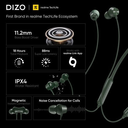 DIZO WIRELESS POWER WITH ENC, 11.2MM DRIVER,18H PLAYBACK (BY REALME TECHLIFE) BLUETOOTH HEADSET  (HUNTER GREEN, IN THE EAR)