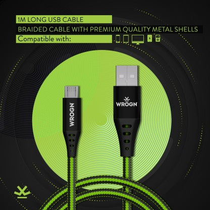 WROGN MICRO USB CABLE 3.1 A 1 M AMRBD1M01  (COMPATIBLE WITH MOBILE, TABLET, BLACK, GREEN)