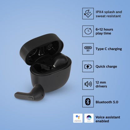 PHILIPS TAT2236BK TRUE WIRELESS (TWS EARBUDS) WITH IPX4 SPLASH-PROOF, 18HOURS PLAYTIME BLUETOOTH HEADSET  (BLACK, TRUE WIRELESS)