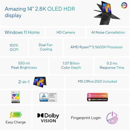 ASUS ZENBOOK 14 FLIP RYZEN 5 HEXA CORE 5600H - (16 GB/512 GB SSD/WINDOWS 11 HOME) UN5401QA-KN511WS 2 IN 1 LAPTOP  (14 INCH, JADE BLACK, 1.40 KG, WITH MS OFFICE)[Like New]