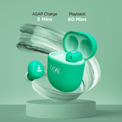 BOAT AIRDOPES 381 WITH UPTO 20 HOURS PLAYBACK AND ASAP CHARGE BLUETOOTH HEADSET  (MINT GREEN, IN THE EAR)