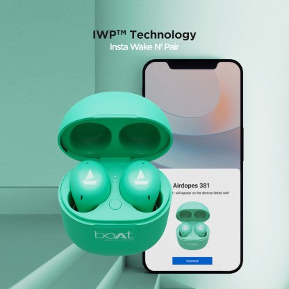 BOAT AIRDOPES 381 WITH UPTO 20 HOURS PLAYBACK AND ASAP CHARGE BLUETOOTH HEADSET  (MINT GREEN, IN THE EAR)