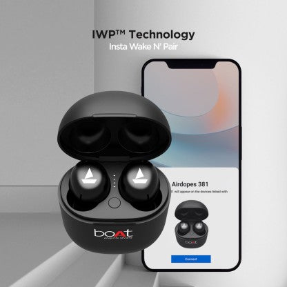 BOAT AIRDOPES 381 WITH UPTO 20 HOURS PLAYBACK AND ASAP CHARGE BLUETOOTH HEADSET  (BLACK, IN THE EAR)