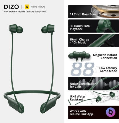 DIZO WIRELESS DASH WITH 30H PLAY AND BLINK FAST CHARGING (BY REALME TECHLIFE) BLUETOOTH HEADSET  (DYNAMIC GREEN, IN THE EAR)