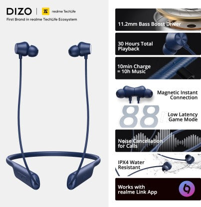DIZO WIRELESS DASH WITH 30H PLAY AND BLINK FAST CHARGING (BY REALME TECHLIFE) BLUETOOTH HEADSET  (ELECTRIC BLUE, IN THE EAR)