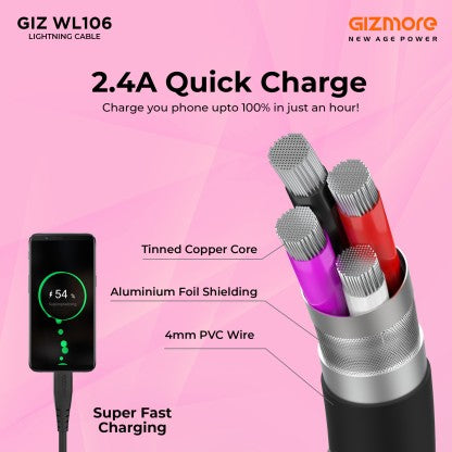 GIZMORE LIGHTNING CABLE 2.4 A 1 M GIZ WL106  (COMPATIBLE WITH MOBILE, TABLET, COMPUTER, BLACK, ONE CABLE)