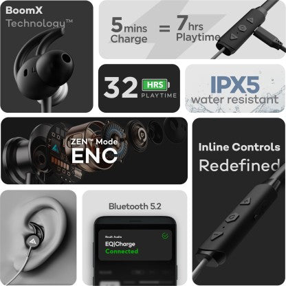BOULT AUDIO PROBASS EQCHARGE WITH ZEN MODE ENC, 32HRS PLAYTIME, ULTRA-FAST CHARGING BLUETOOTH HEADSET  (BLACK, IN THE EAR) [Like New]