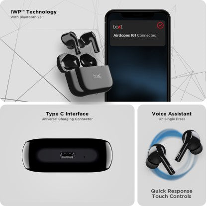 BOAT AIRDOPES 161 WITH ASAP CHARGE, 10MM DRIVERS AND 17 HOURS PLAYBACK BLUETOOTH HEADSET  (PEBBLE BLACK, TRUE WIRELESS)
