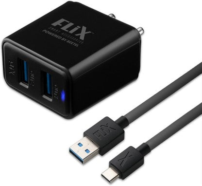 FLIX 12 W 2.4 A MULTIPORT MOBILE (BEETEL) XWC-64D 12 W CHARGER WITH DETACHABLE CABLE  (BLACK, CABLE INCLUDED)