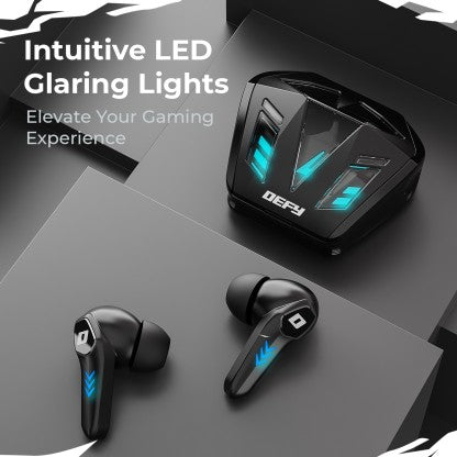 DEFY GRAVITY TURBO WITH LOW LATENCY FOR GAMING, 30 HOURS PLAYBACK, LED LIGHTS BLUETOOTH HEADSET  (INVINCIBLE BLACK, IN THE EAR) [Like New]
