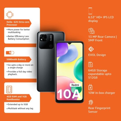 REDMI 10A (CHARCOAL BLACK, 64 GB)  (4 GB RAM)