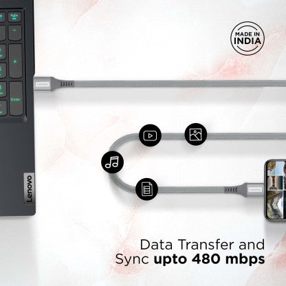 LENOVO USB TYPE C CABLE 1.2 M USB A TO TYPE-C TANGLE-FREE ARAMID FIBER BRAIDED CABLE WITH 4A FAST CHARGING  (COMPATIBLE WITH MOBILE, TABLET, GAMING CONSOLE, METALLIC GREY)