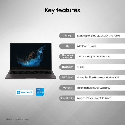 SAMSUNG GALAXY BOOK2 CORE I5 12TH GEN - (8 GB/256 GB SSD/WINDOWS 11 HOME) NP750XED-KB1IN THIN AND LIGHT LAPTOP  (15.6 INCH, GRAPHITE, 1.57 KG, WITH MS OFFICE)[Like New]