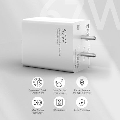 MI 67 W QUALCOMM 3.0 3 A MOBILE 34215 CHARGER WITH DETACHABLE CABLE  (WHITE, CABLE INCLUDED)