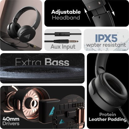 BOULT AUDIO BASS BUD Q2 WITH40MM DRIVERS,PUNCHY DEEP BASS,LIGHTWEIGHT,PROTEIN LEATHER PADDED WIRED HEADSET  (BLACK, ON THE EAR)