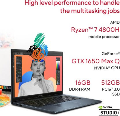 ASUS VIVOBOOK PRO 15 OLED RYZEN 7 OCTA CORE AMD R7-4800H - (16 GB/512 GB SSD/WINDOWS 11 HOME/4 GB GRAPHICS/NVIDIA GEFORCE GTX 1650 MAX Q) M6500IH-L1701WS CREATOR LAPTOP  (15.6 INCH, QUIET BLUE, 1.80 KG, WITH MS OFFICE)[Like New]
