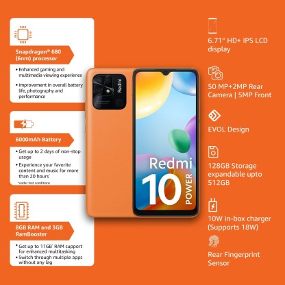 REDMI 10 POWER (SPORTY ORANGE, 128 GB)  (8 GB RAM)