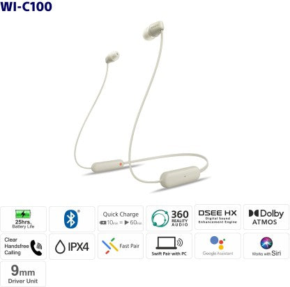 SONY WI-C100 WITH 25 HOURS BATTERY LIFE BLUETOOTH HEADSET  (WHITE, IN THE EAR)